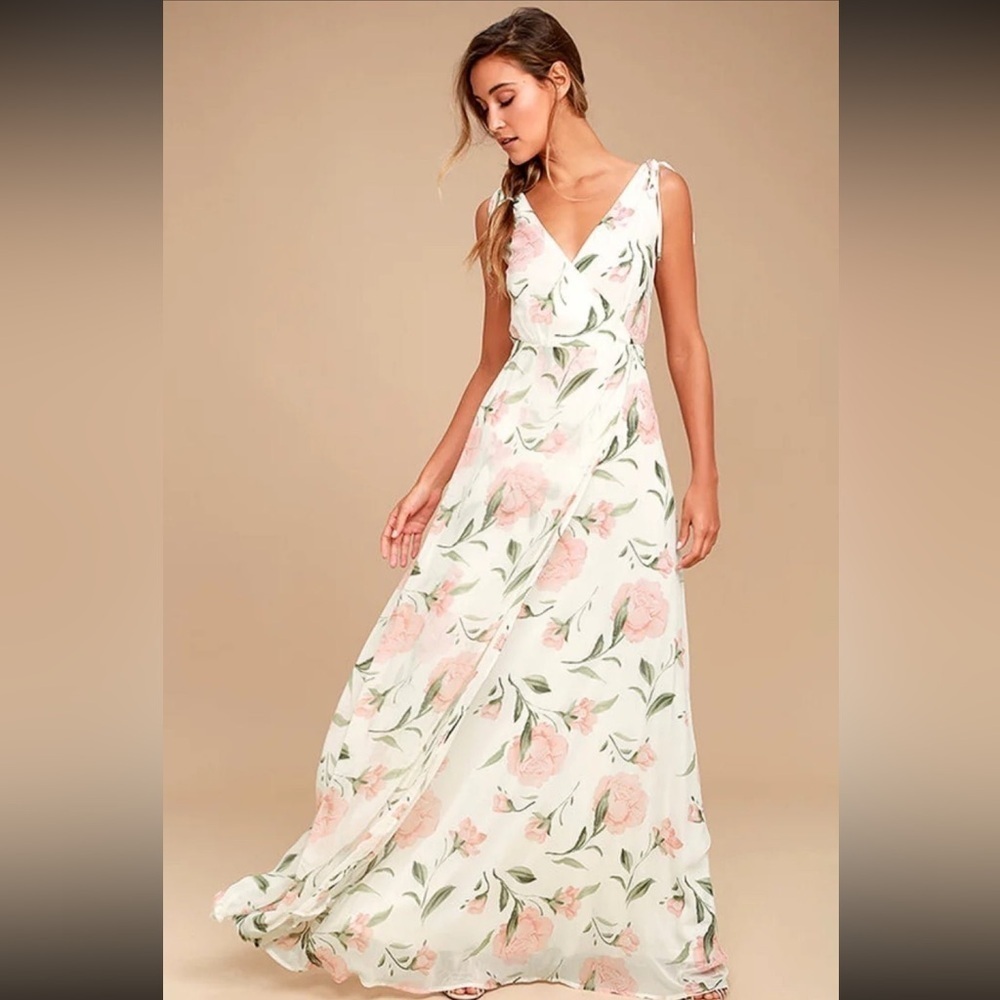 NWT Lulu’s Romantic Possibilities White Floral Maxi Dress